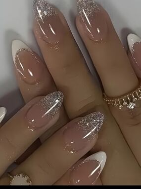 Almond French Press On Nail Set in White and Silver Glitter